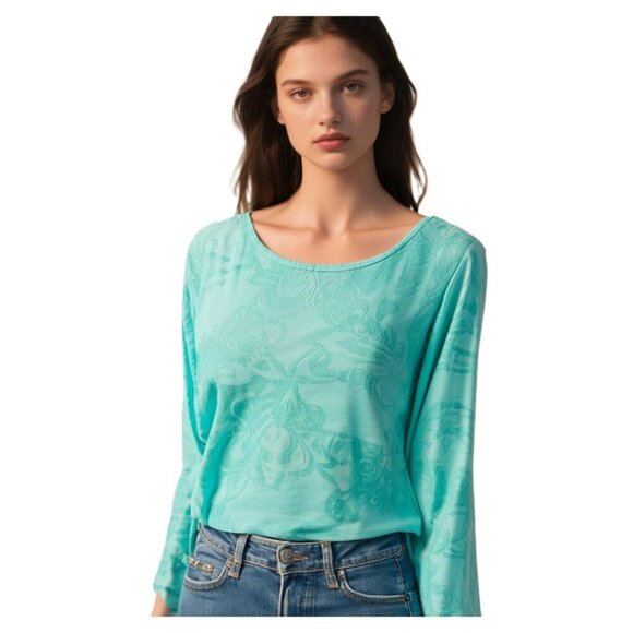 Ruby Rd. Women's Aqua Floral Lace Long Sleeve Top - Size Medium - Picture 1 of 13